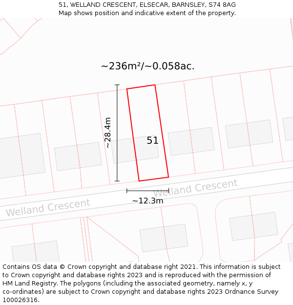 51, WELLAND CRESCENT, ELSECAR, BARNSLEY, S74 8AG: Plot and title map