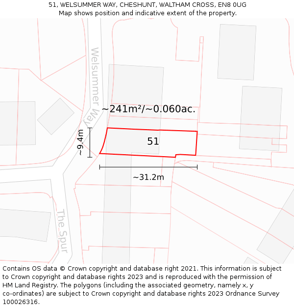 51, WELSUMMER WAY, CHESHUNT, WALTHAM CROSS, EN8 0UG: Plot and title map