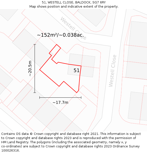 51, WESTELL CLOSE, BALDOCK, SG7 6RY: Plot and title map