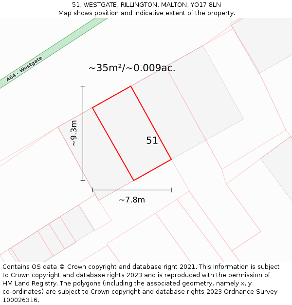 51, WESTGATE, RILLINGTON, MALTON, YO17 8LN: Plot and title map