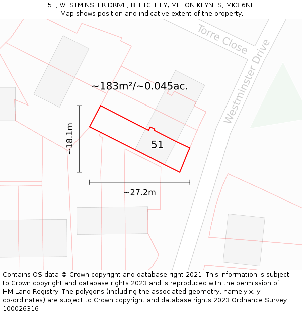 51, WESTMINSTER DRIVE, BLETCHLEY, MILTON KEYNES, MK3 6NH: Plot and title map