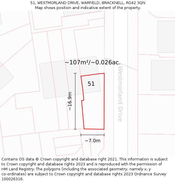 51, WESTMORLAND DRIVE, WARFIELD, BRACKNELL, RG42 3QN: Plot and title map