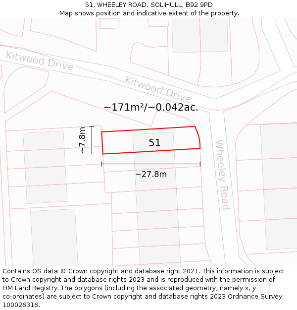 51, WHEELEY ROAD, SOLIHULL, B92 9PD: Plot and title map
