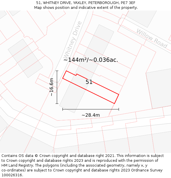 51, WHITNEY DRIVE, YAXLEY, PETERBOROUGH, PE7 3EF: Plot and title map