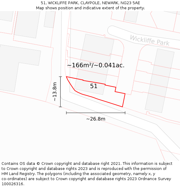 51, WICKLIFFE PARK, CLAYPOLE, NEWARK, NG23 5AE: Plot and title map