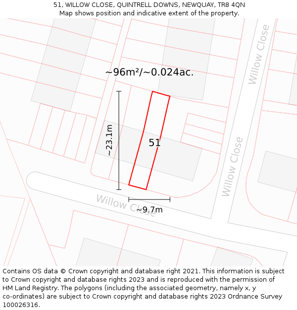 51, WILLOW CLOSE, QUINTRELL DOWNS, NEWQUAY, TR8 4QN: Plot and title map