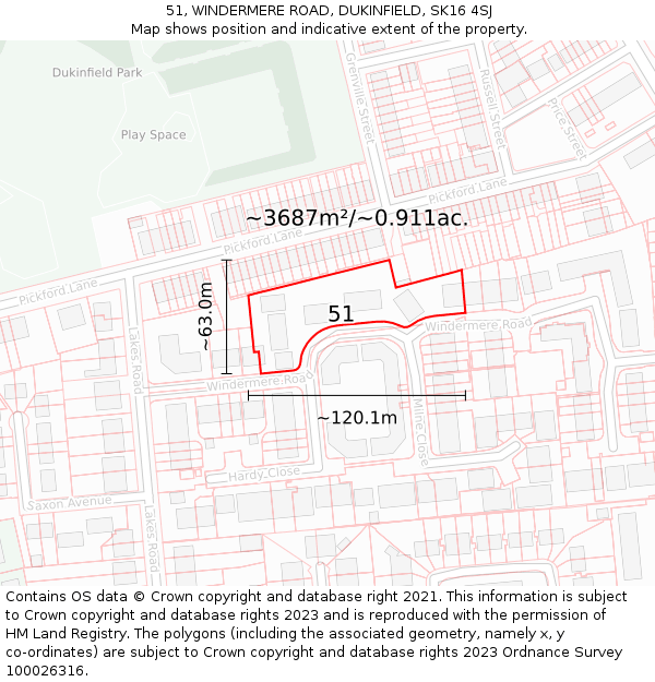 51, WINDERMERE ROAD, DUKINFIELD, SK16 4SJ: Plot and title map