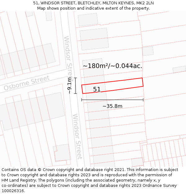 51, WINDSOR STREET, BLETCHLEY, MILTON KEYNES, MK2 2LN: Plot and title map