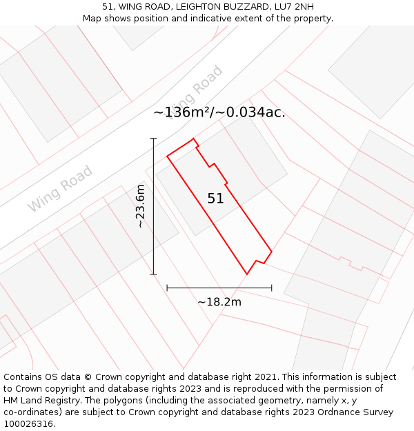 51, WING ROAD, LEIGHTON BUZZARD, LU7 2NH: Plot and title map