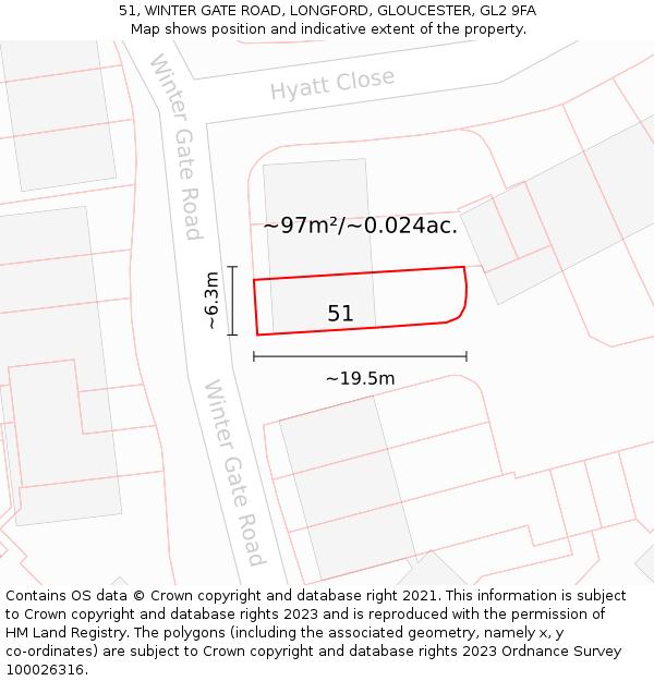 51, WINTER GATE ROAD, LONGFORD, GLOUCESTER, GL2 9FA: Plot and title map