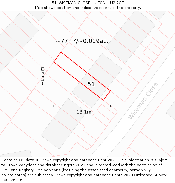 51, WISEMAN CLOSE, LUTON, LU2 7GE: Plot and title map