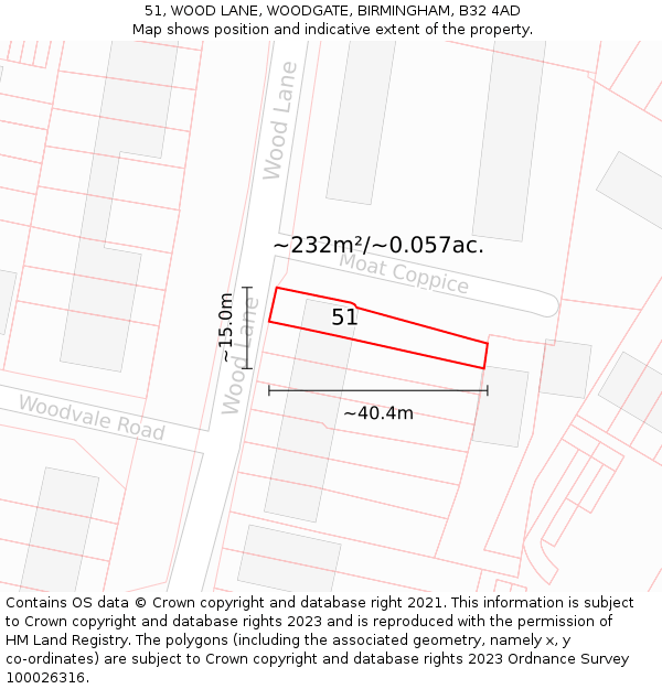 51, WOOD LANE, WOODGATE, BIRMINGHAM, B32 4AD: Plot and title map