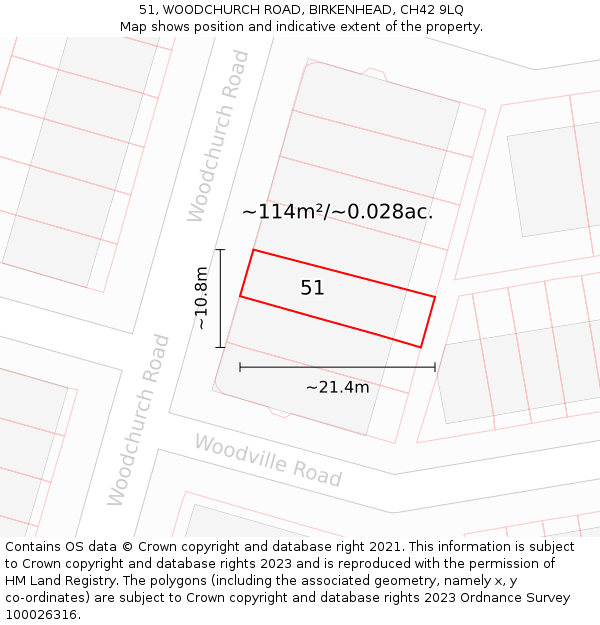 51, WOODCHURCH ROAD, BIRKENHEAD, CH42 9LQ: Plot and title map