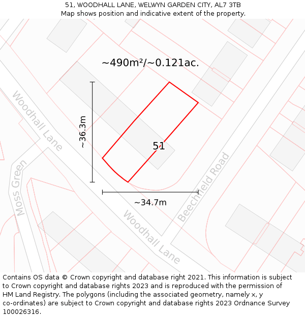 51, WOODHALL LANE, WELWYN GARDEN CITY, AL7 3TB: Plot and title map