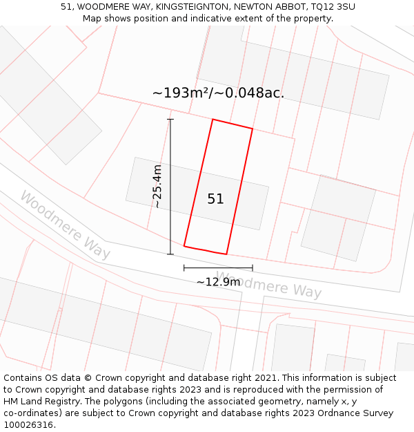 51, WOODMERE WAY, KINGSTEIGNTON, NEWTON ABBOT, TQ12 3SU: Plot and title map