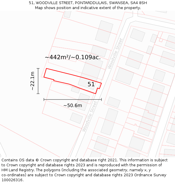 51, WOODVILLE STREET, PONTARDDULAIS, SWANSEA, SA4 8SH: Plot and title map