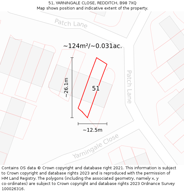 51, YARNINGALE CLOSE, REDDITCH, B98 7XQ: Plot and title map