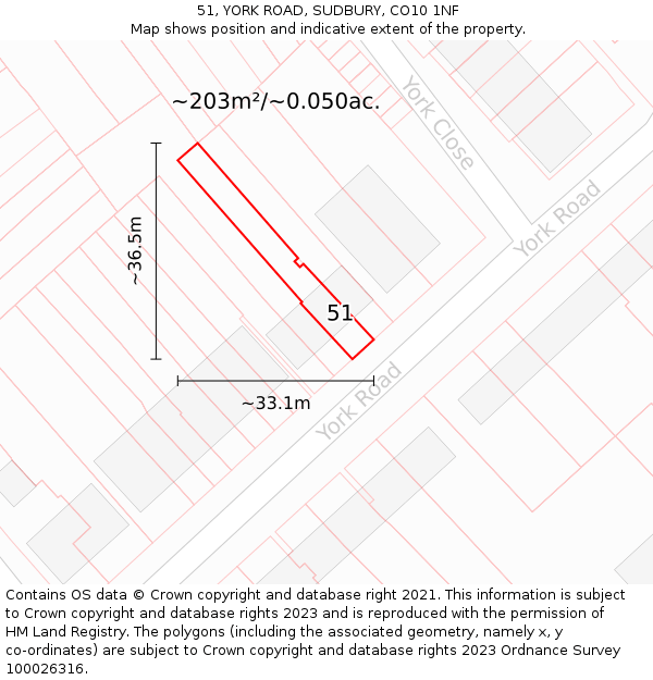 51, YORK ROAD, SUDBURY, CO10 1NF: Plot and title map