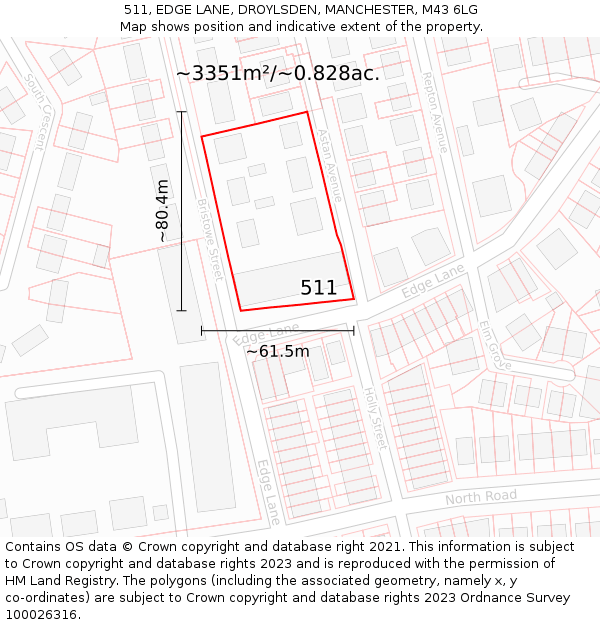 511, EDGE LANE, DROYLSDEN, MANCHESTER, M43 6LG: Plot and title map