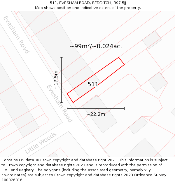 511, EVESHAM ROAD, REDDITCH, B97 5JJ: Plot and title map