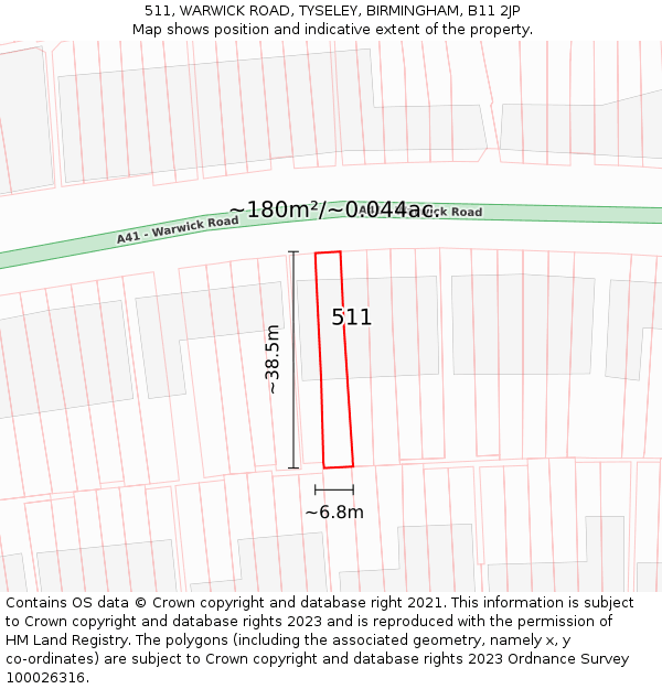 511, WARWICK ROAD, TYSELEY, BIRMINGHAM, B11 2JP: Plot and title map