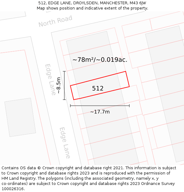 512, EDGE LANE, DROYLSDEN, MANCHESTER, M43 6JW: Plot and title map