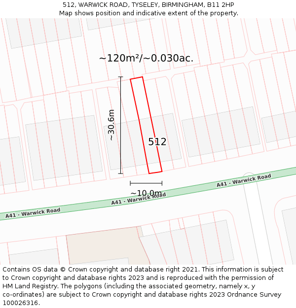 512, WARWICK ROAD, TYSELEY, BIRMINGHAM, B11 2HP: Plot and title map