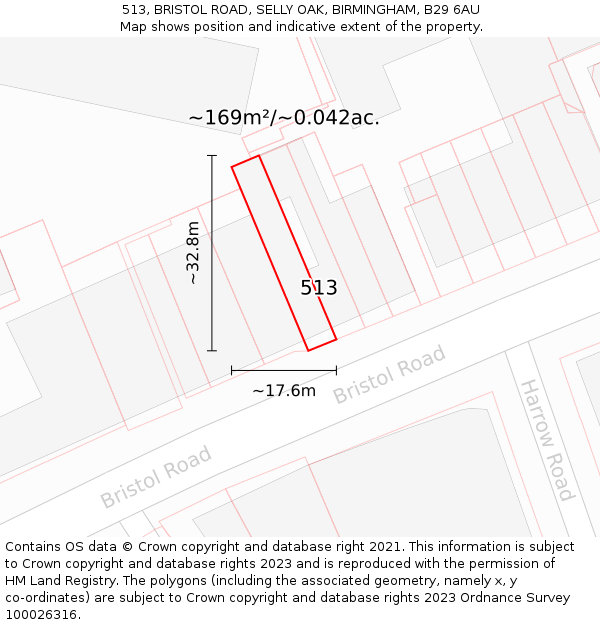 513, BRISTOL ROAD, SELLY OAK, BIRMINGHAM, B29 6AU: Plot and title map