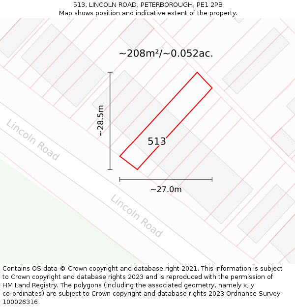 513, LINCOLN ROAD, PETERBOROUGH, PE1 2PB: Plot and title map