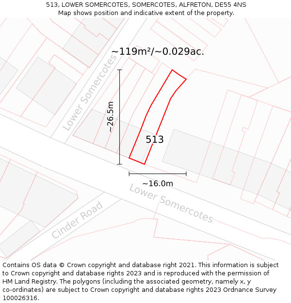 513, LOWER SOMERCOTES, SOMERCOTES, ALFRETON, DE55 4NS: Plot and title map