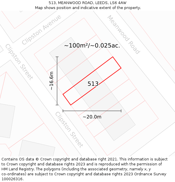 513, MEANWOOD ROAD, LEEDS, LS6 4AW: Plot and title map