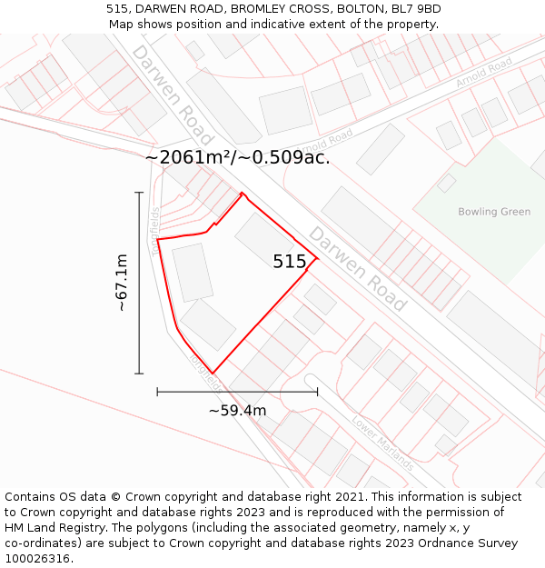 515, DARWEN ROAD, BROMLEY CROSS, BOLTON, BL7 9BD: Plot and title map