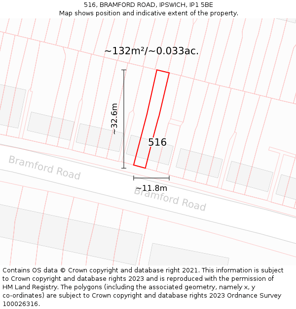 516, BRAMFORD ROAD, IPSWICH, IP1 5BE: Plot and title map