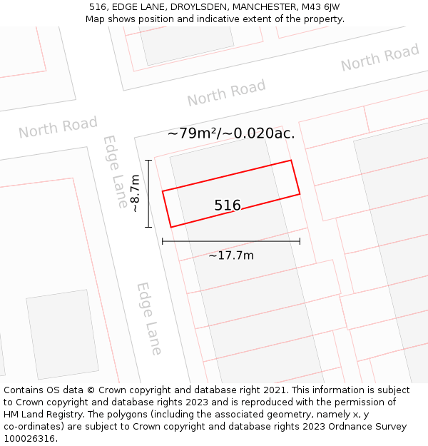 516, EDGE LANE, DROYLSDEN, MANCHESTER, M43 6JW: Plot and title map