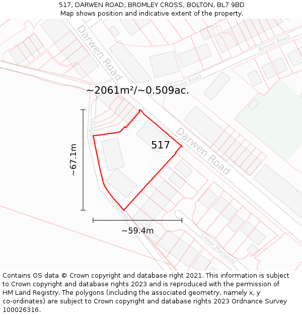 517, DARWEN ROAD, BROMLEY CROSS, BOLTON, BL7 9BD: Plot and title map