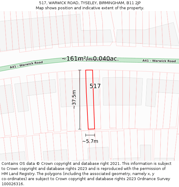 517, WARWICK ROAD, TYSELEY, BIRMINGHAM, B11 2JP: Plot and title map