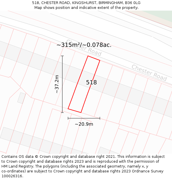 518, CHESTER ROAD, KINGSHURST, BIRMINGHAM, B36 0LG: Plot and title map