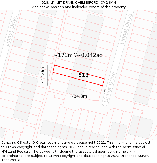 518, LINNET DRIVE, CHELMSFORD, CM2 8AN: Plot and title map