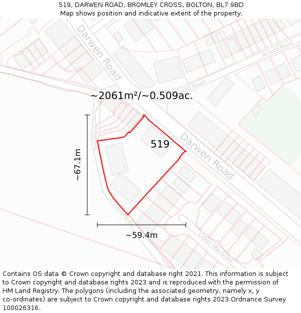 519, DARWEN ROAD, BROMLEY CROSS, BOLTON, BL7 9BD: Plot and title map