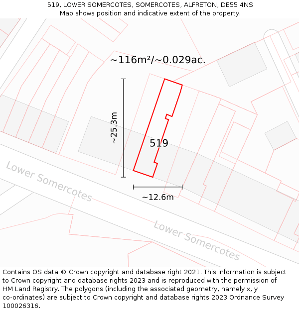 519, LOWER SOMERCOTES, SOMERCOTES, ALFRETON, DE55 4NS: Plot and title map