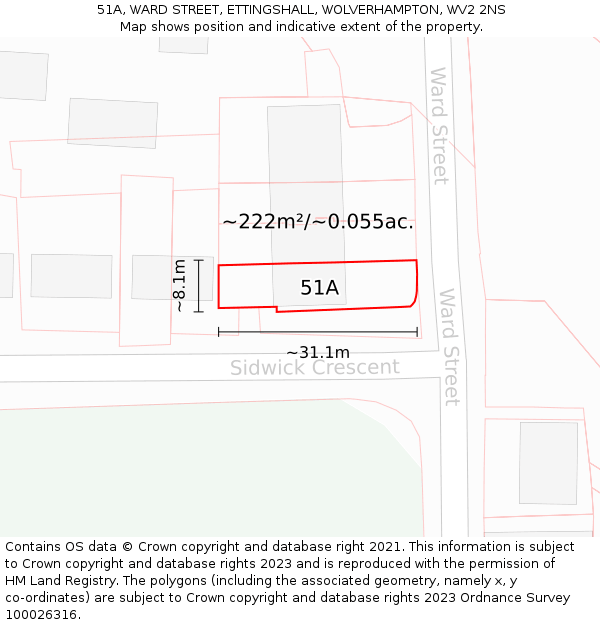 51A, WARD STREET, ETTINGSHALL, WOLVERHAMPTON, WV2 2NS: Plot and title map