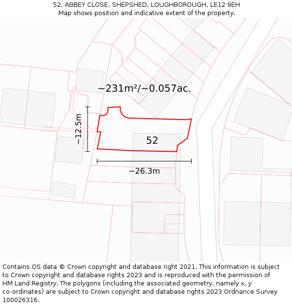 52, ABBEY CLOSE, SHEPSHED, LOUGHBOROUGH, LE12 9EH: Plot and title map