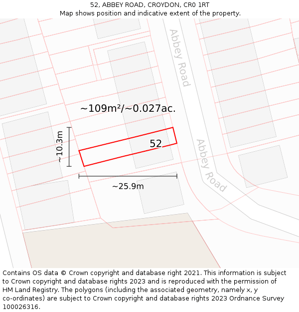 52, ABBEY ROAD, CROYDON, CR0 1RT: Plot and title map