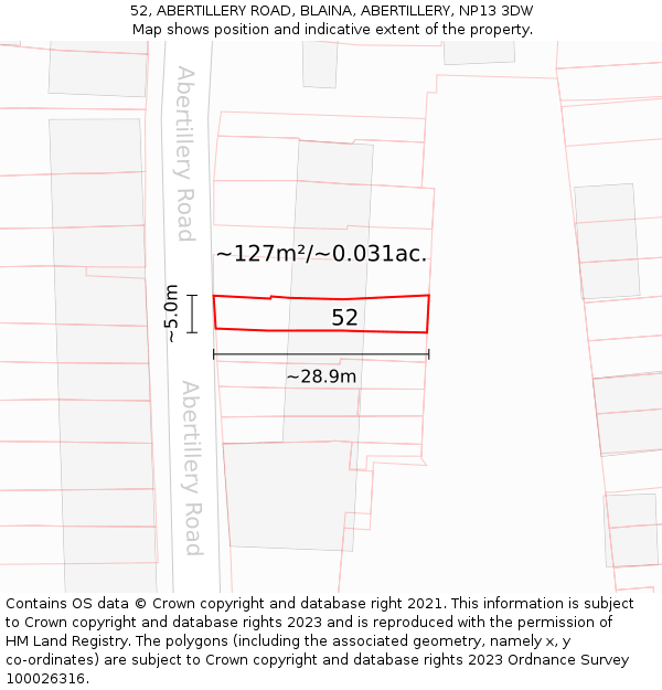 52, ABERTILLERY ROAD, BLAINA, ABERTILLERY, NP13 3DW: Plot and title map