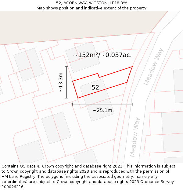 52, ACORN WAY, WIGSTON, LE18 3YA: Plot and title map