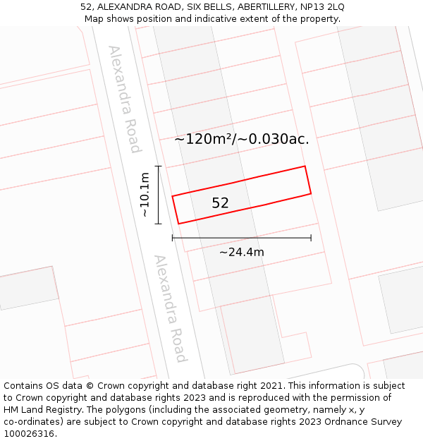 52, ALEXANDRA ROAD, SIX BELLS, ABERTILLERY, NP13 2LQ: Plot and title map