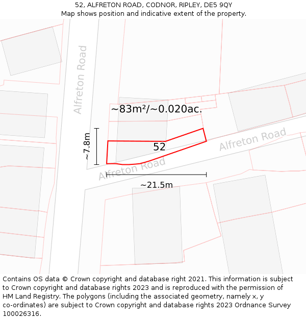 52, ALFRETON ROAD, CODNOR, RIPLEY, DE5 9QY: Plot and title map