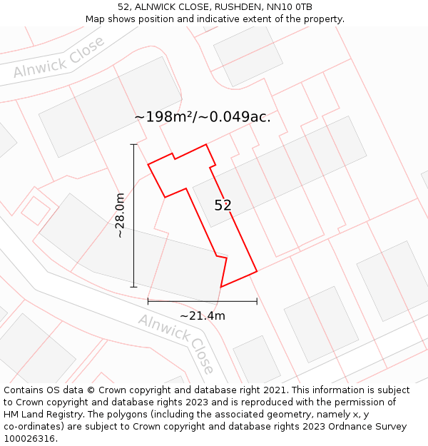 52, ALNWICK CLOSE, RUSHDEN, NN10 0TB: Plot and title map