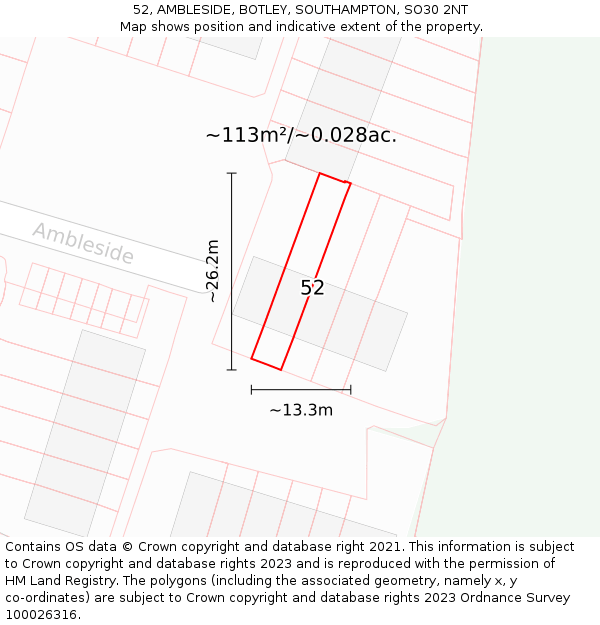 52, AMBLESIDE, BOTLEY, SOUTHAMPTON, SO30 2NT: Plot and title map
