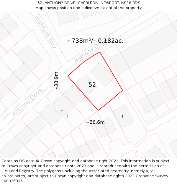 52, ANTHONY DRIVE, CAERLEON, NEWPORT, NP18 3DS: Plot and title map